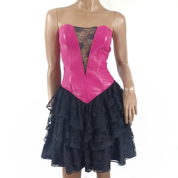 FIRENZE SANTA BARBARA Vintage Leather Dress Party Prom Lace Flounce Skirt S  - threedaughtersproperties.com